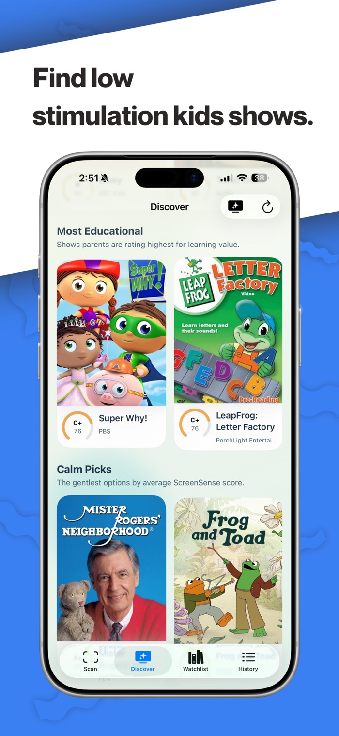 ScreenSense Discover page with educational and calm show recommendations