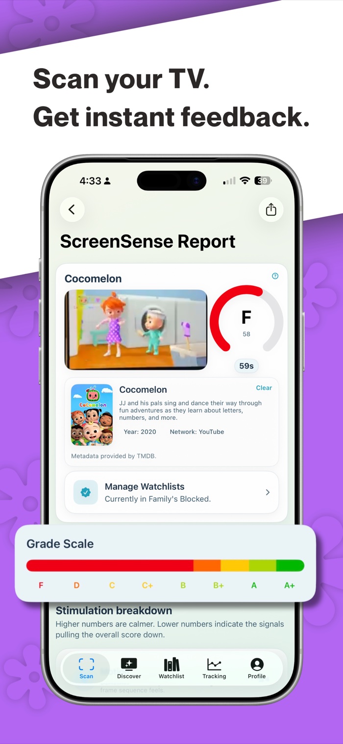 ScreenSense scan report showing a TV-show grade and stimulation scale