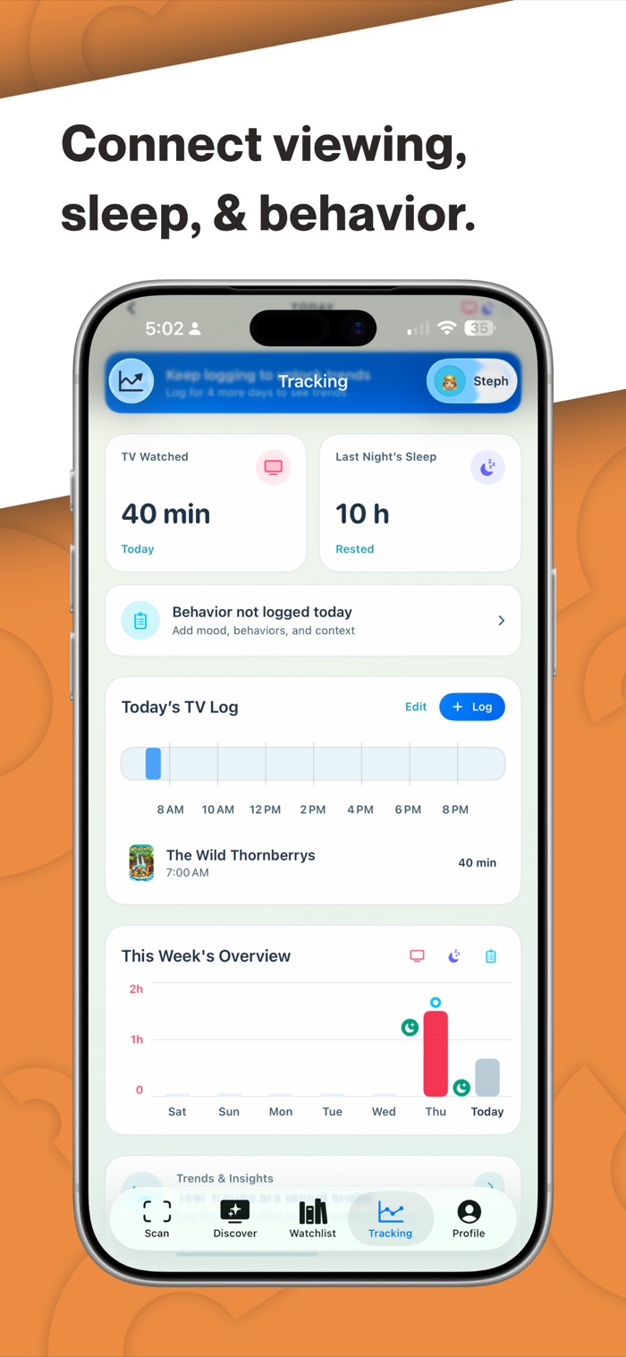 ScreenSense tracking dashboard connecting TV, sleep, and behavior