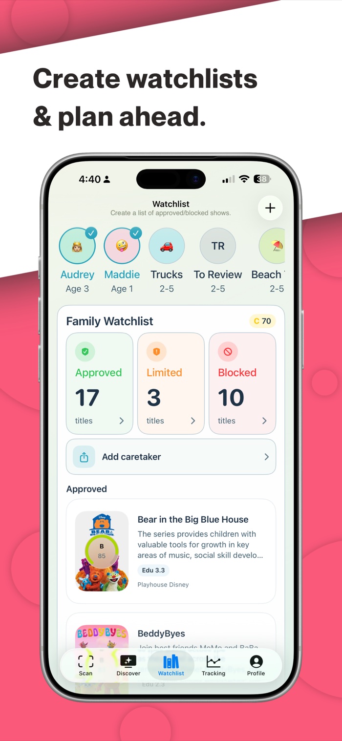 ScreenSense family watchlist with approved, limited, and blocked shows