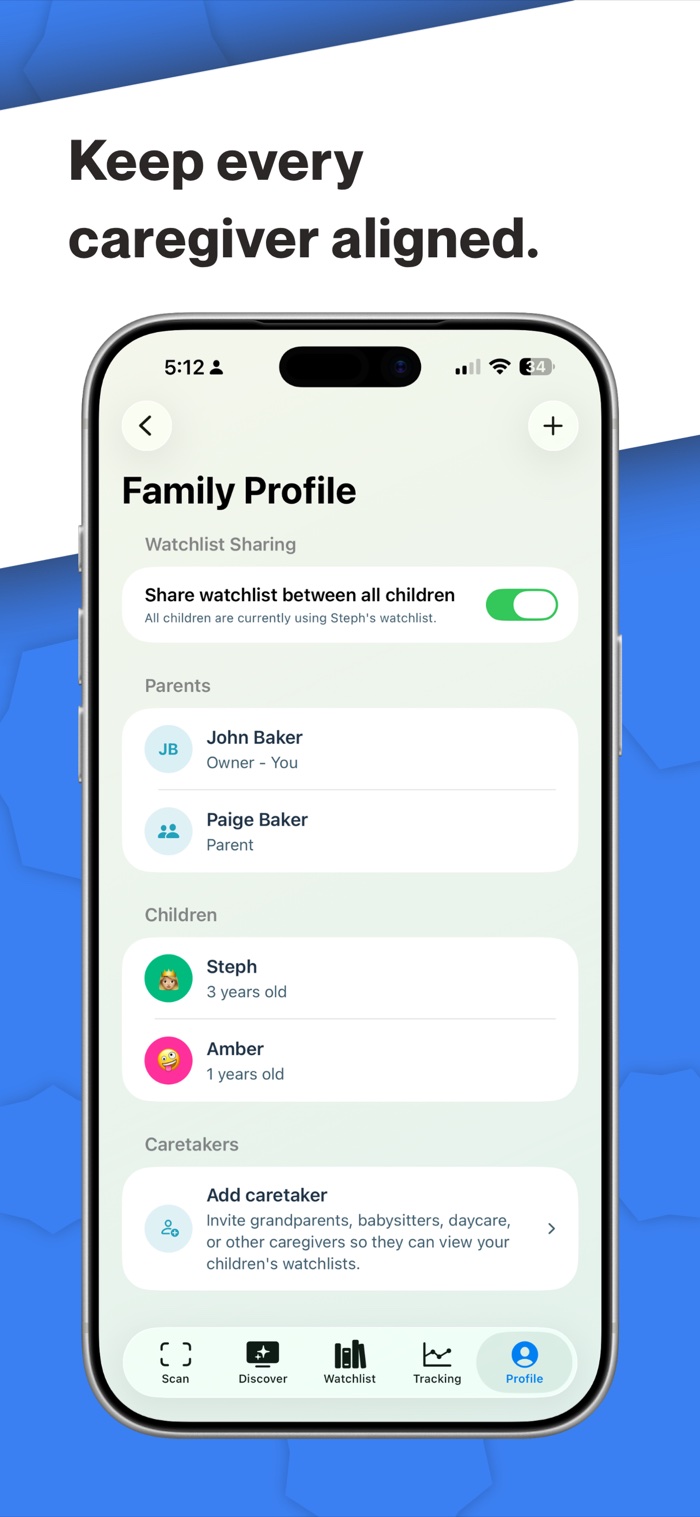 ScreenSense family profile with parents, children, and caregiver access